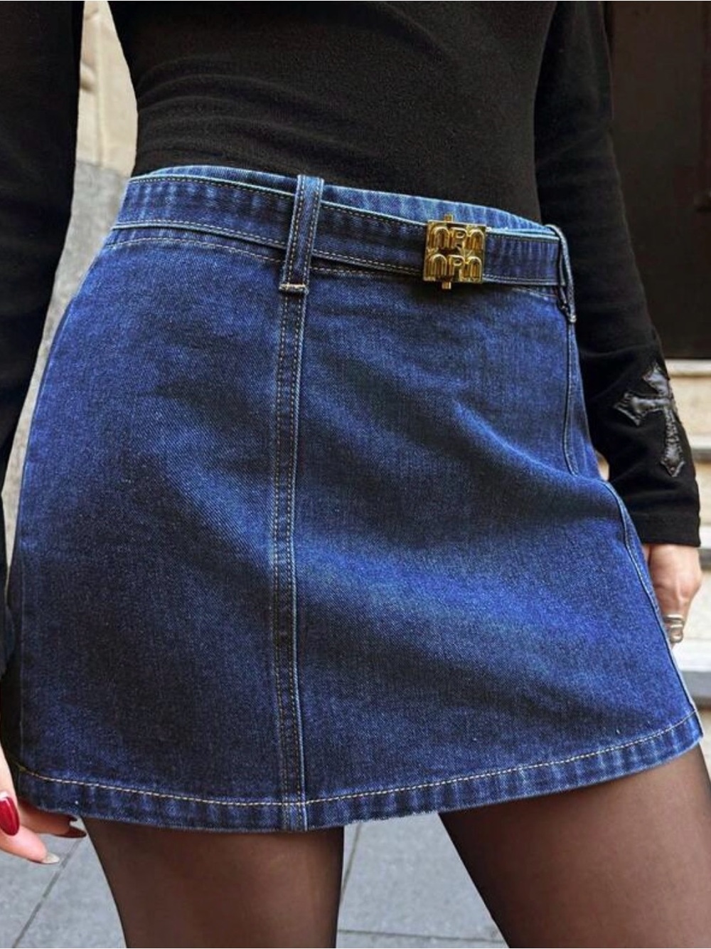 Forever 21 Blue Denim Mini Skirt with Gold Buckle